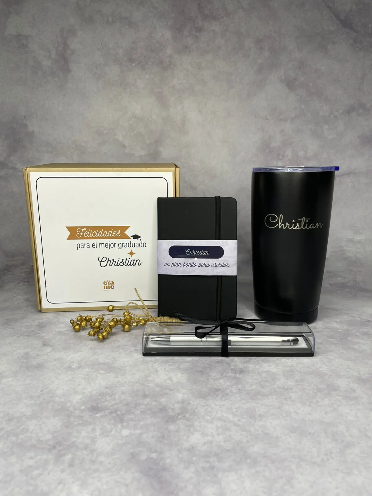 Regalo de graduación personalizado con vaso térmico grabado láser, lapicero metálico en estuche, libreta personalizada